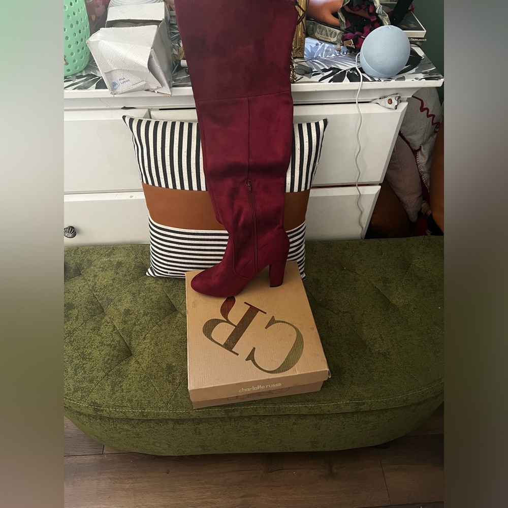 Knee length suede burgundy boots